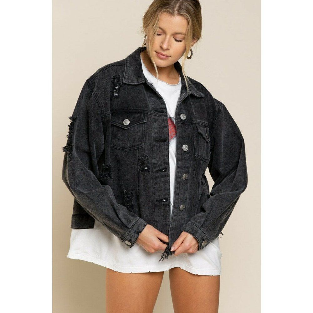 SALE! POL CLOTHING USA Black Destroyed Denim Jacket Relaxed Fit Star Embroidery